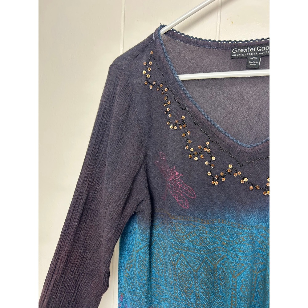 Greater Good Tie Dye Beaded Tunic Top‎ Women L Rayon bohemian 90s art teacher - Picture 10 of 11